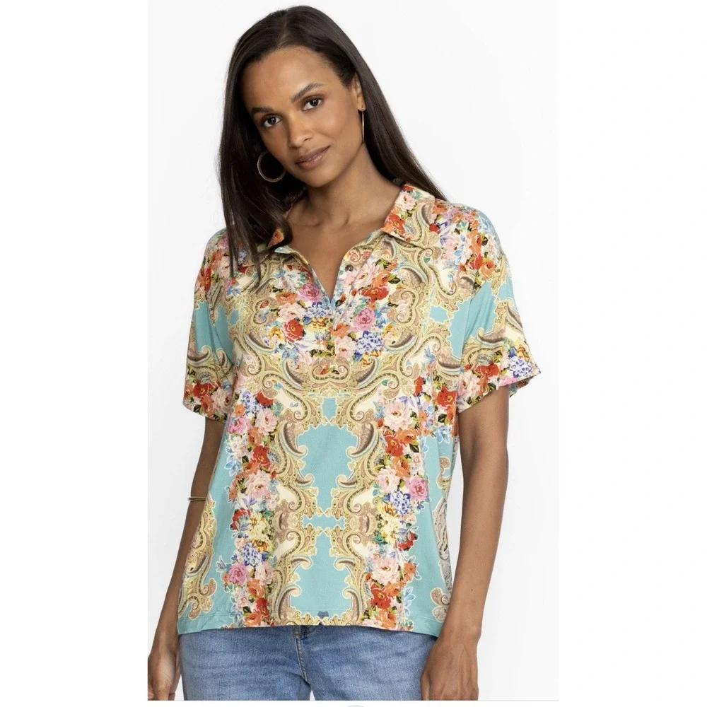 JOHNNY WAS Women Size XXL Rivoray Floral S/S Paisley Polo Tee Shirt Boho Ornate